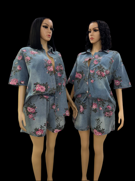 Flowers on denim shorts set
