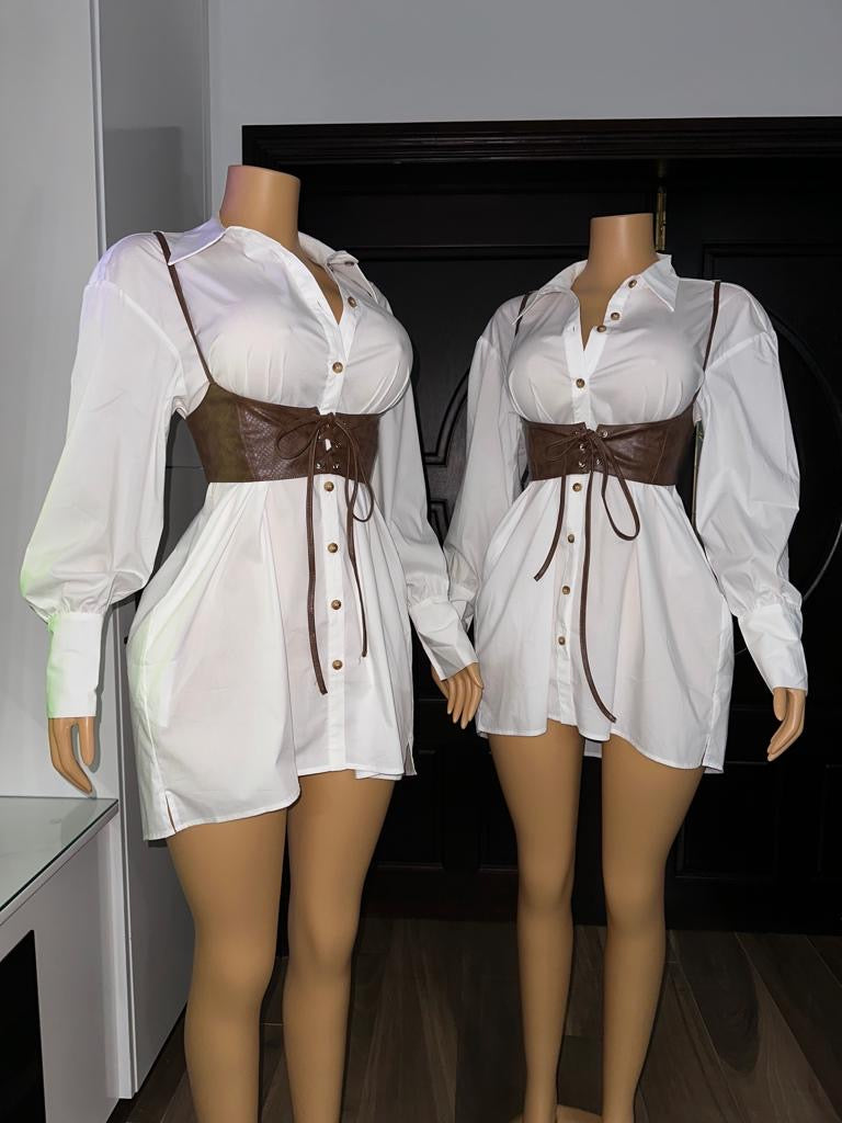 White Leather Dress With Brown Leather Corset
