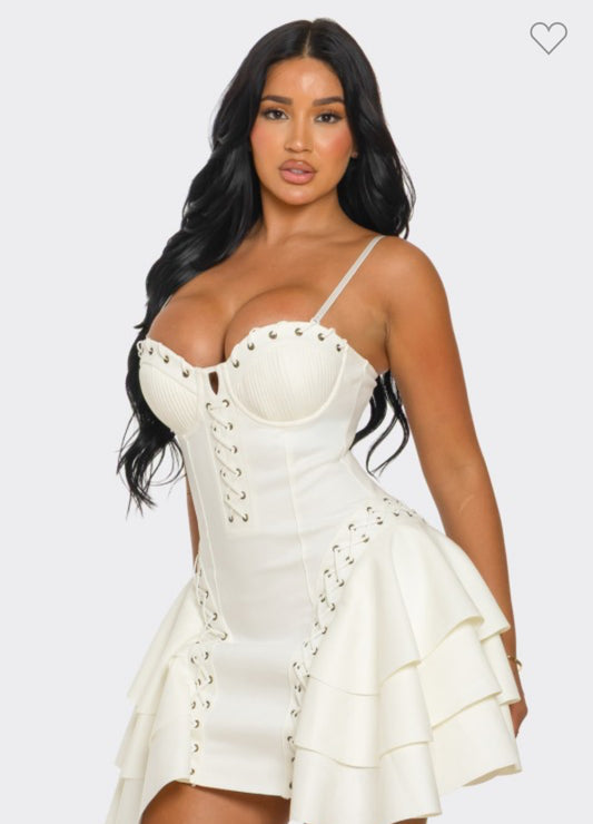 Multi layered ruffle & lace up dress