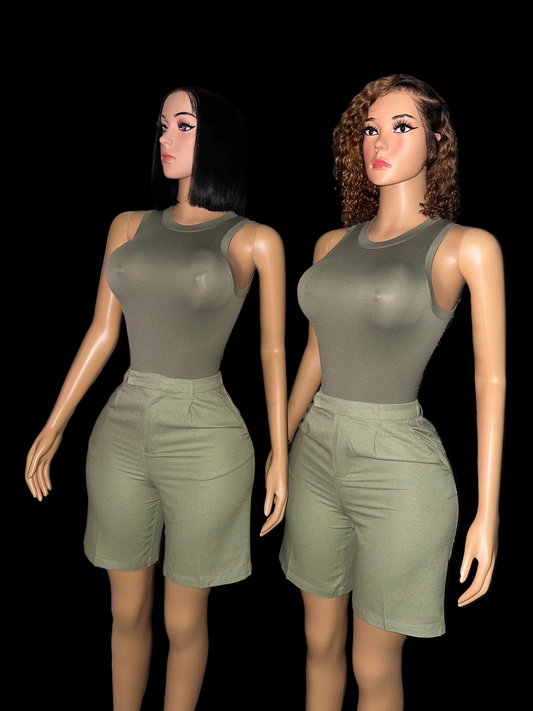 Olive linen shorts set