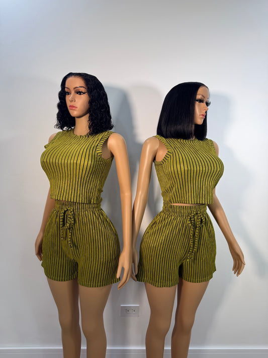 Olive stripe shorts set