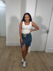 Golden buckle stretch denim skirt