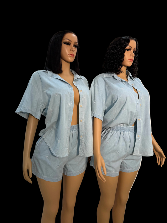 Denim on denim shorts set