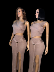 Golden broach knit skirt set